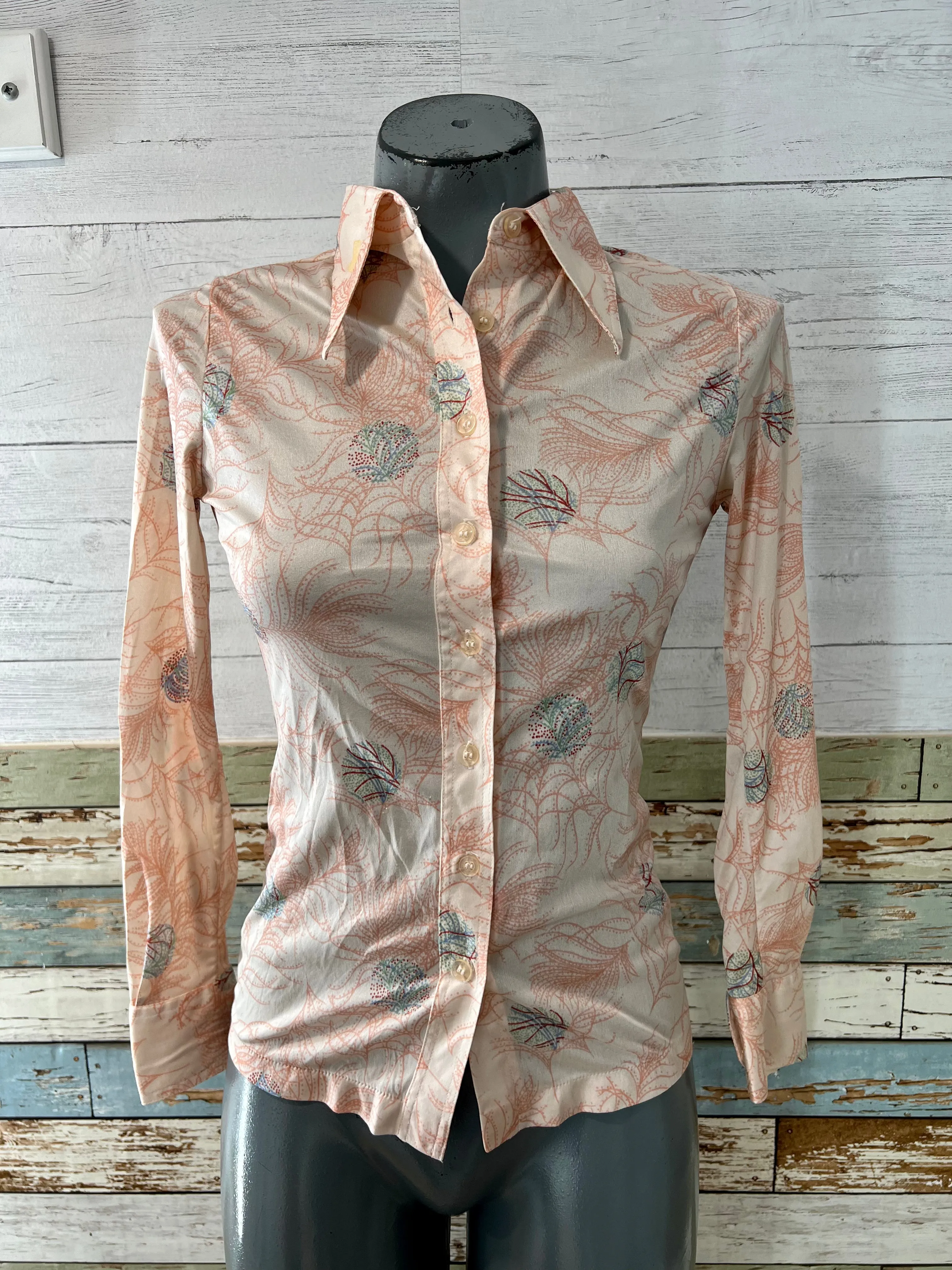 70’s Pastel Pink Abstract Print Long Sleeve Disco Blouse By Huk A Poo