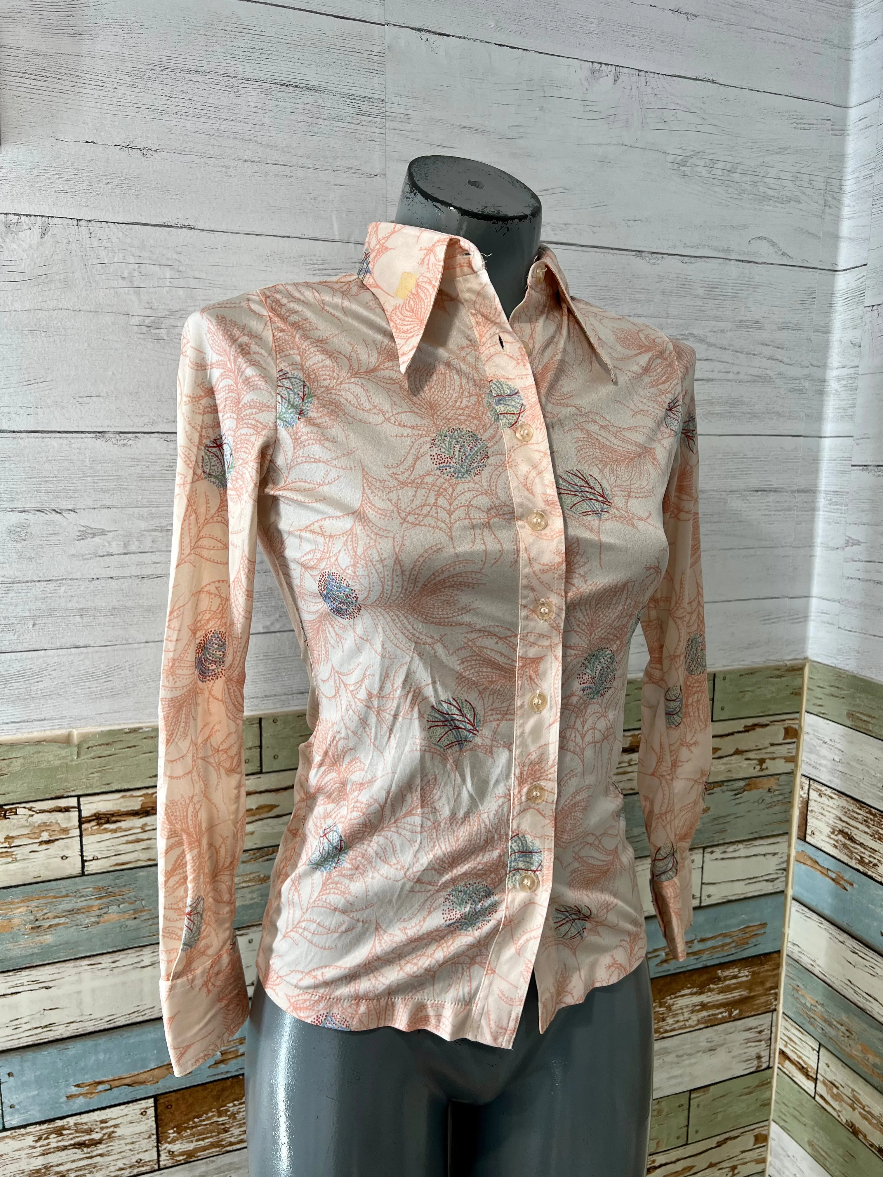 70’s Pastel Pink Abstract Print Long Sleeve Disco Blouse By Huk A Poo