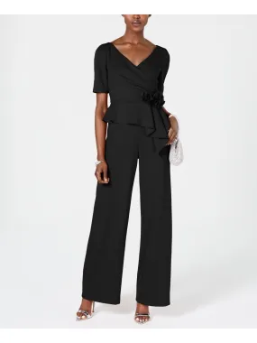 ADRIANNA PAPELL Womens Black Gathered Short Sleeve Surplice Neckline Cocktail Wide Leg Jumpsuit