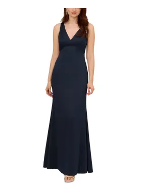 ADRIANNA PAPELL Womens Navy Zippered Lined Cowl Back Lace Trim Sleeveless V Neck Full-Length Evening Gown Dress