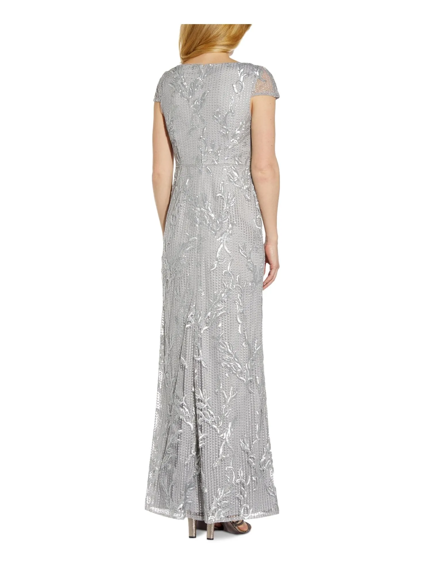 ADRIANNA PAPELL Womens Silver Zippered Embellished Gown Cap Sleeve Square Neck Maxi Formal Mermaid Dress