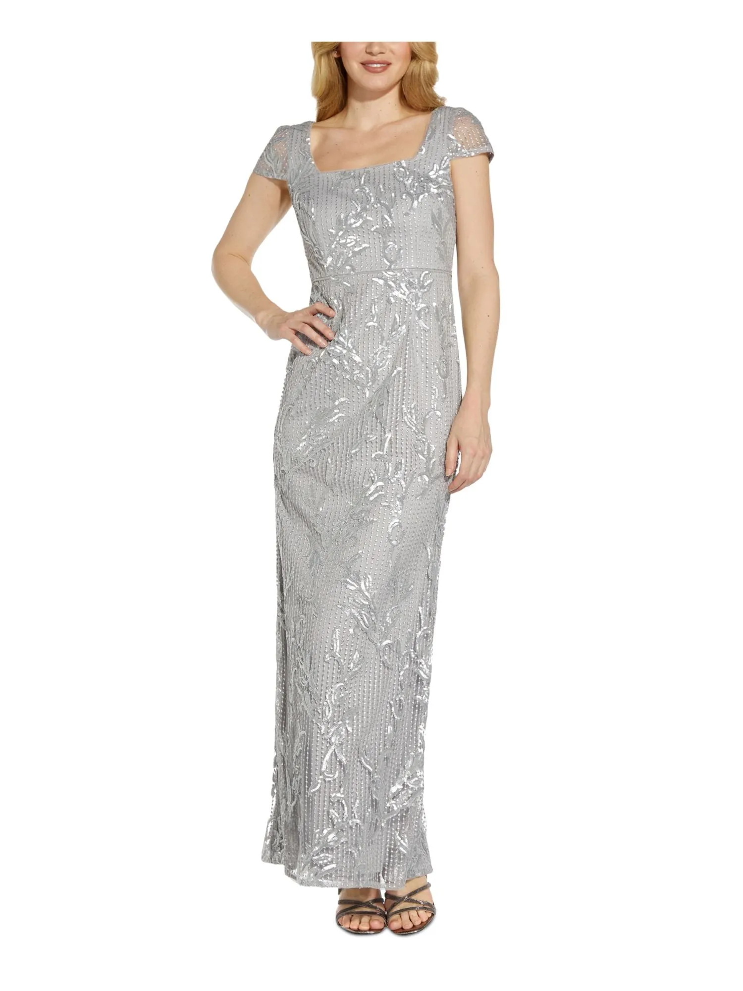 ADRIANNA PAPELL Womens Silver Zippered Embellished Gown Cap Sleeve Square Neck Maxi Formal Mermaid Dress