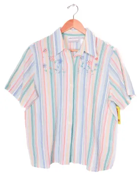 Alfred Dunner Cute Striped Pastel Flowers Button Up