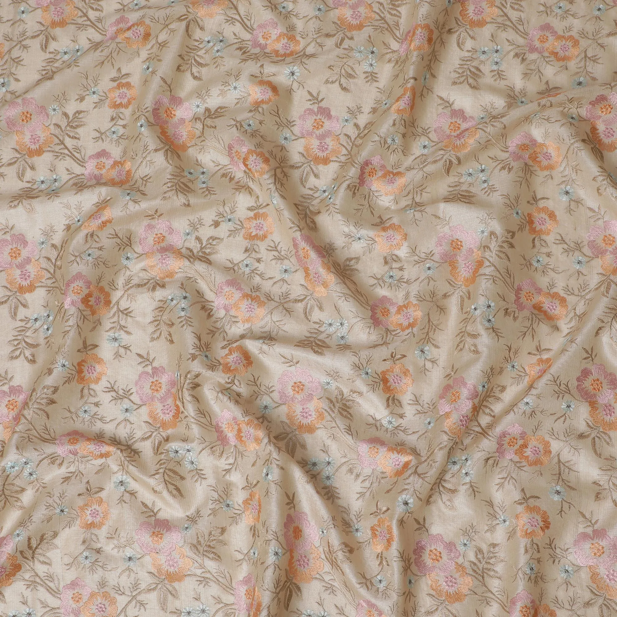 Beige Tussar Silk Fabric with Pastel Floral Embroidery - 110 cm Wide - D19615