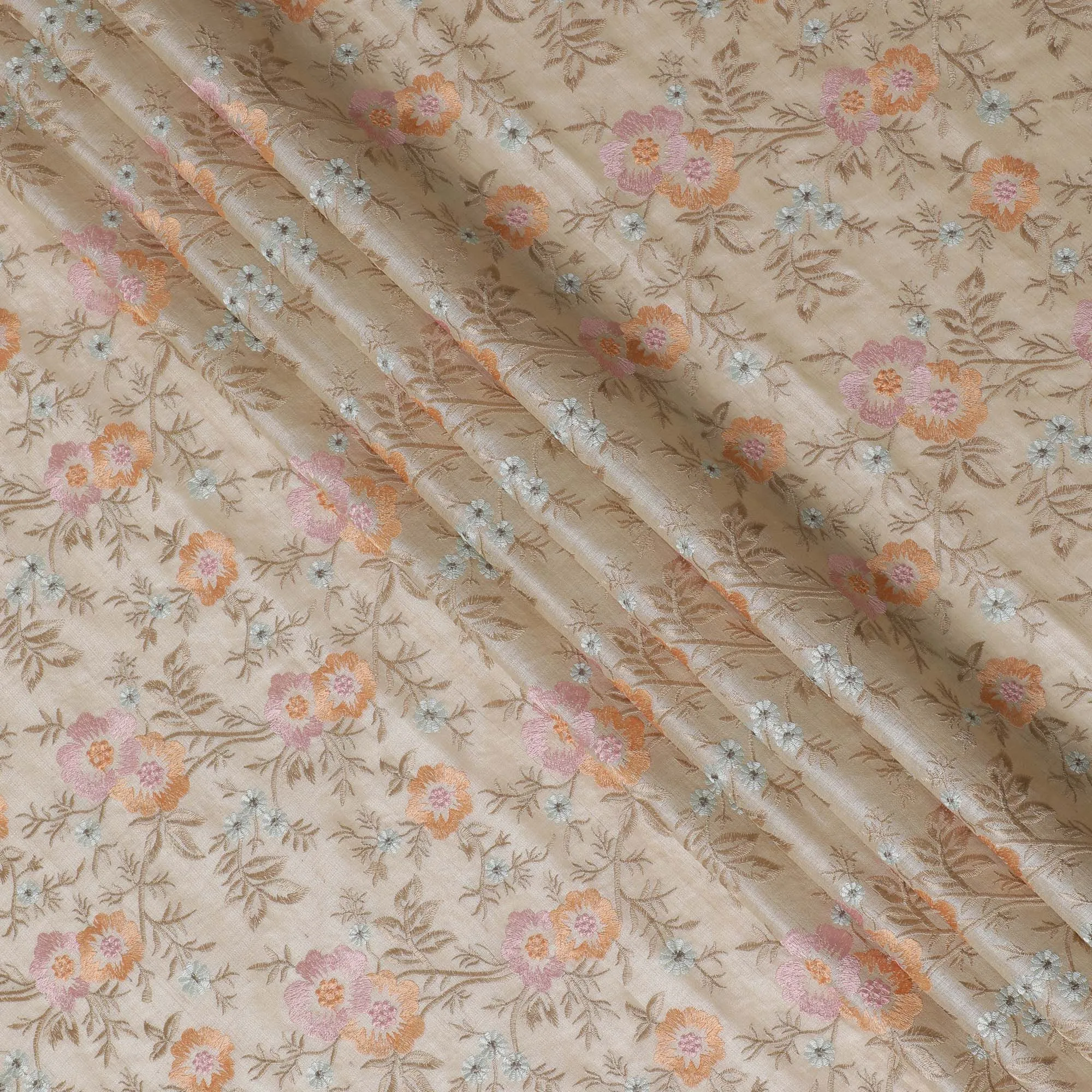 Beige Tussar Silk Fabric with Pastel Floral Embroidery - 110 cm Wide - D19615