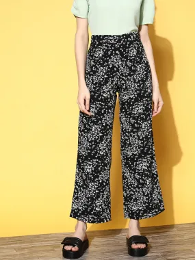 Berrylush Women Black & White Floral Printed High-Rise Wide Leg Trousers