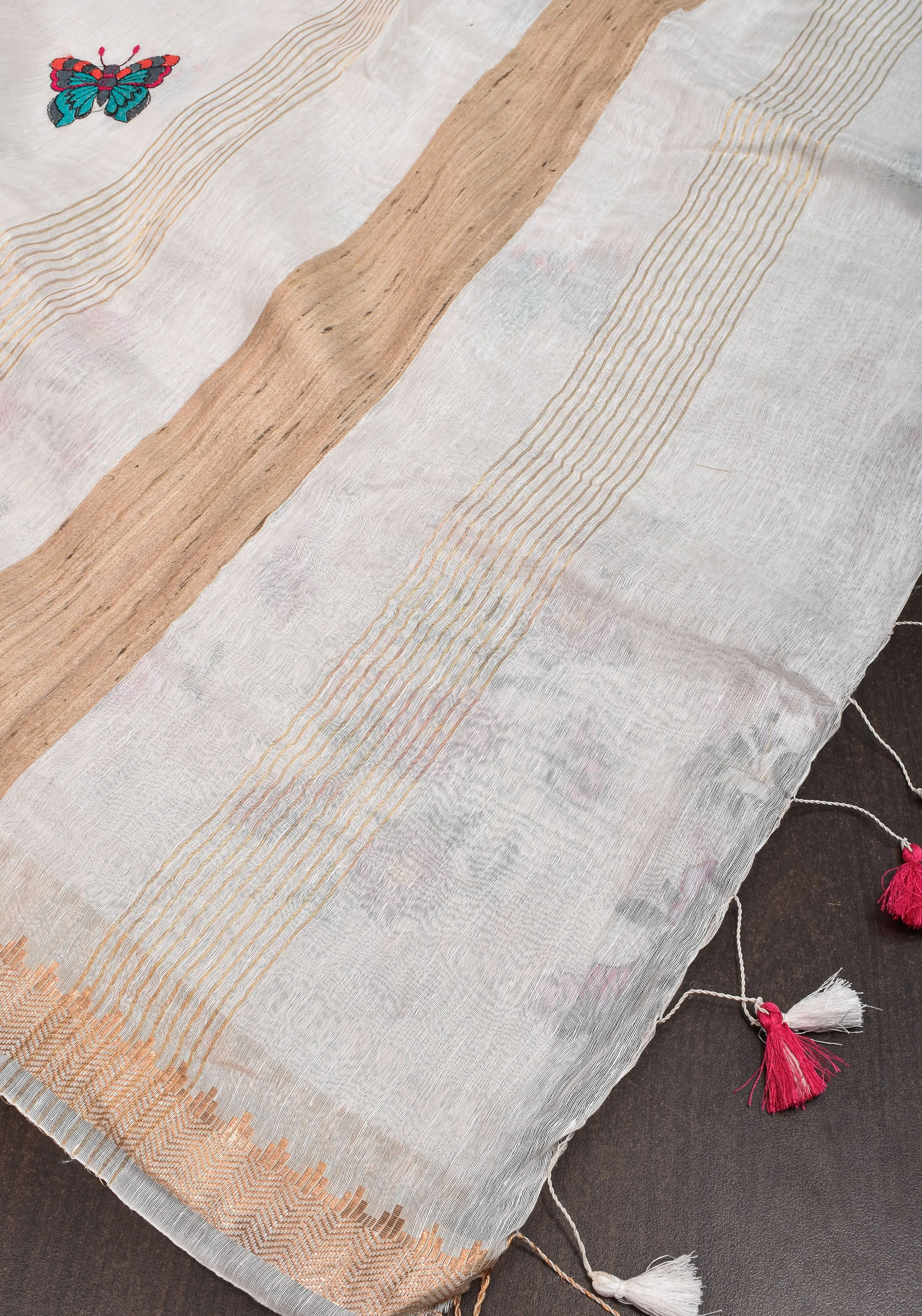 Blooms of Joy - Floral Embroidered Silk Linen Saree in Off White