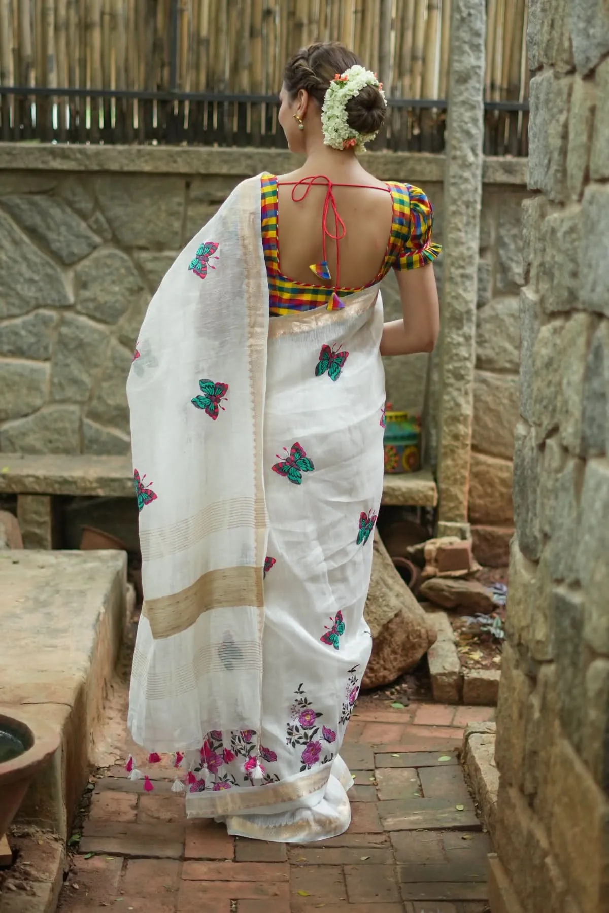 Blooms of Joy - Floral Embroidered Silk Linen Saree in Off White