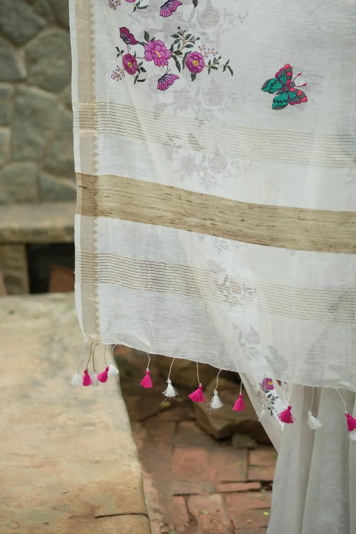 Blooms of Joy - Floral Embroidered Silk Linen Saree in Off White