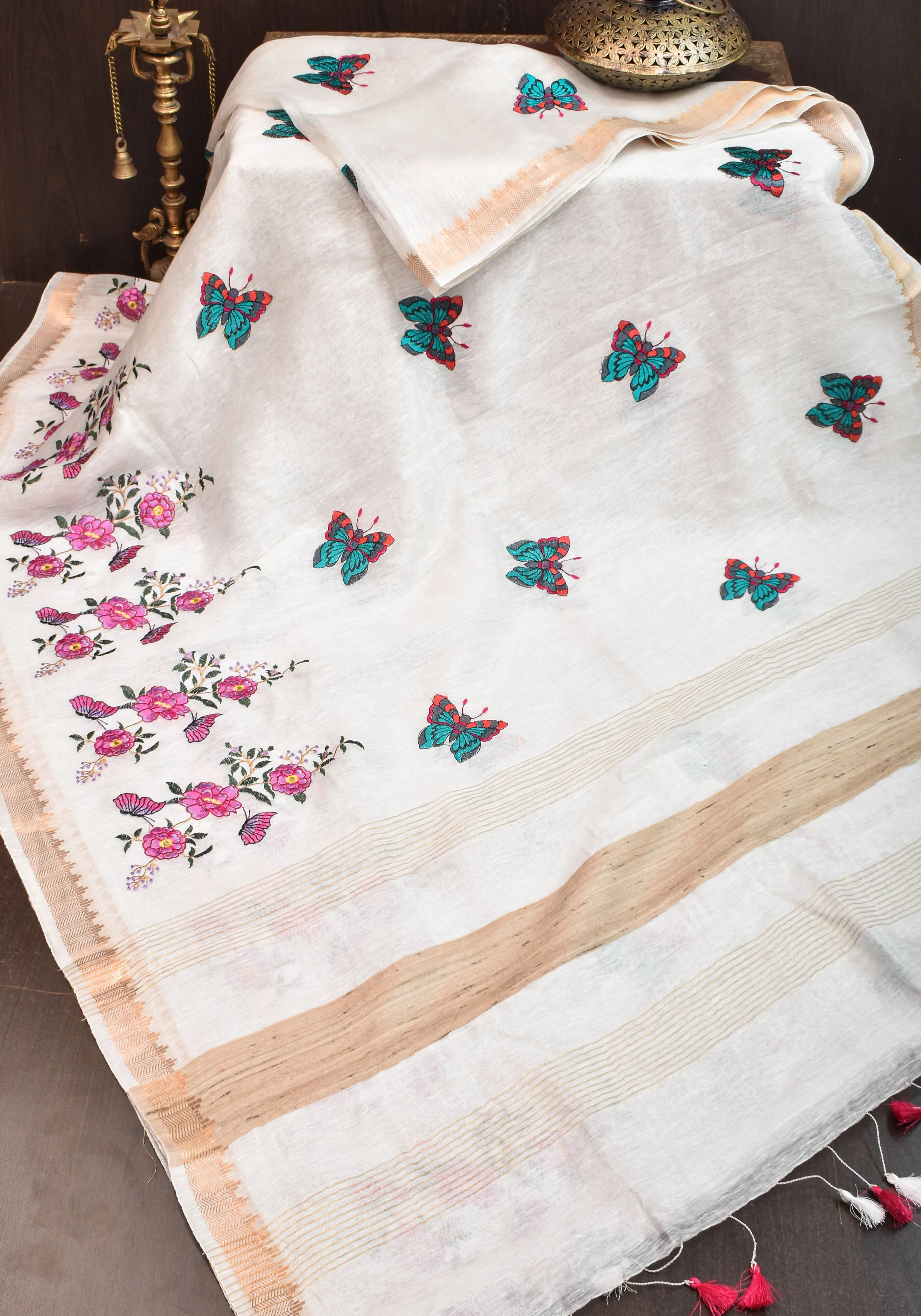 Blooms of Joy - Floral Embroidered Silk Linen Saree in Off White