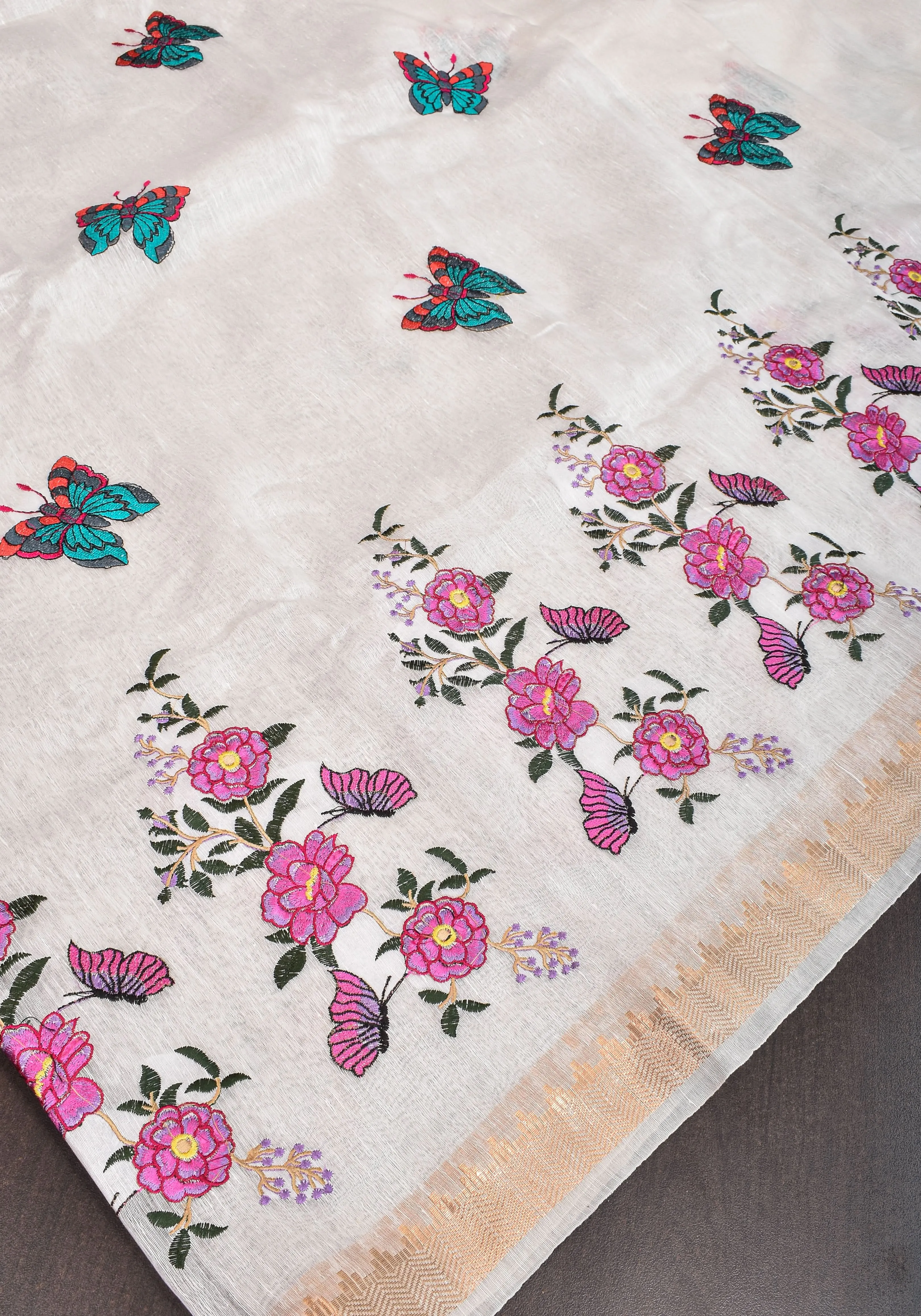 Blooms of Joy - Floral Embroidered Silk Linen Saree in Off White