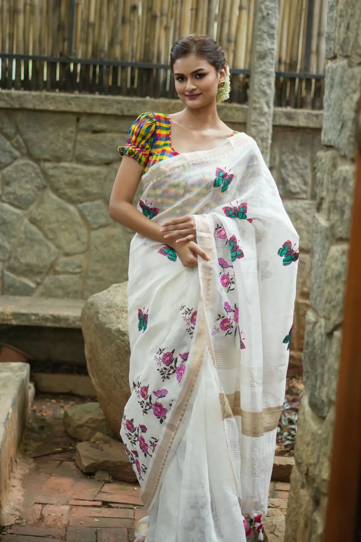 Blooms of Joy - Floral Embroidered Silk Linen Saree in Off White