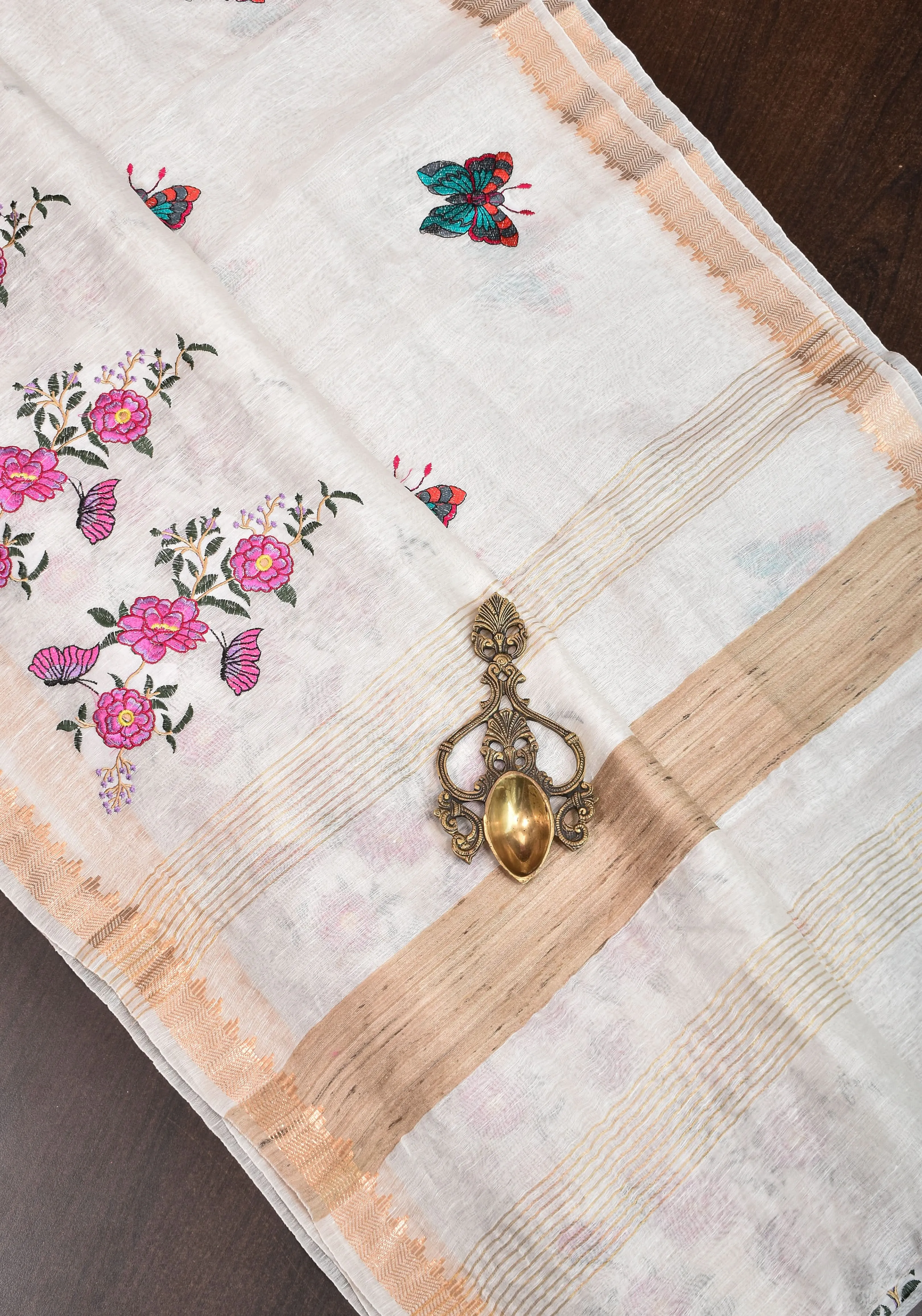 Blooms of Joy - Floral Embroidered Silk Linen Saree in Off White