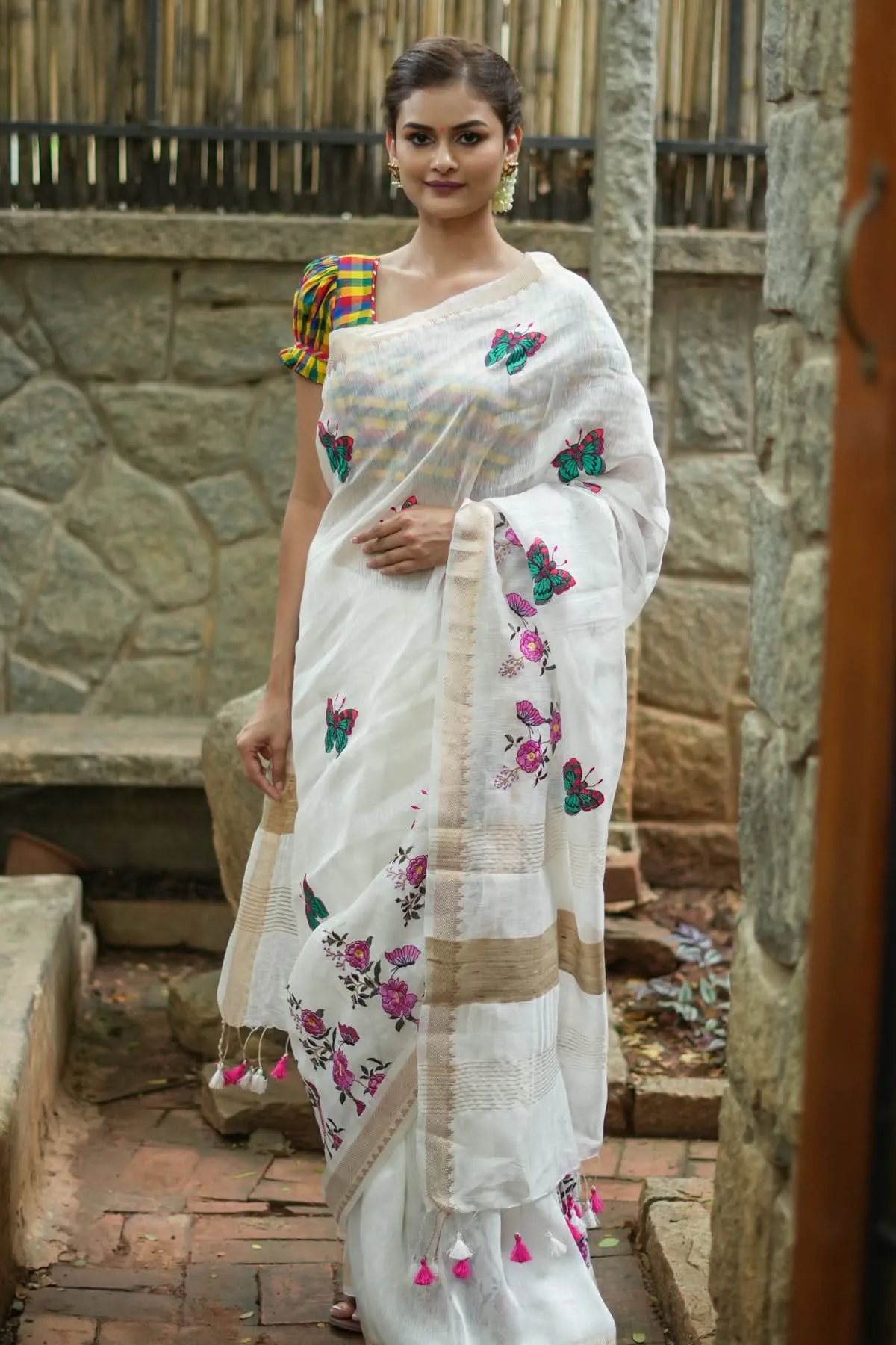 Blooms of Joy - Floral Embroidered Silk Linen Saree in Off White