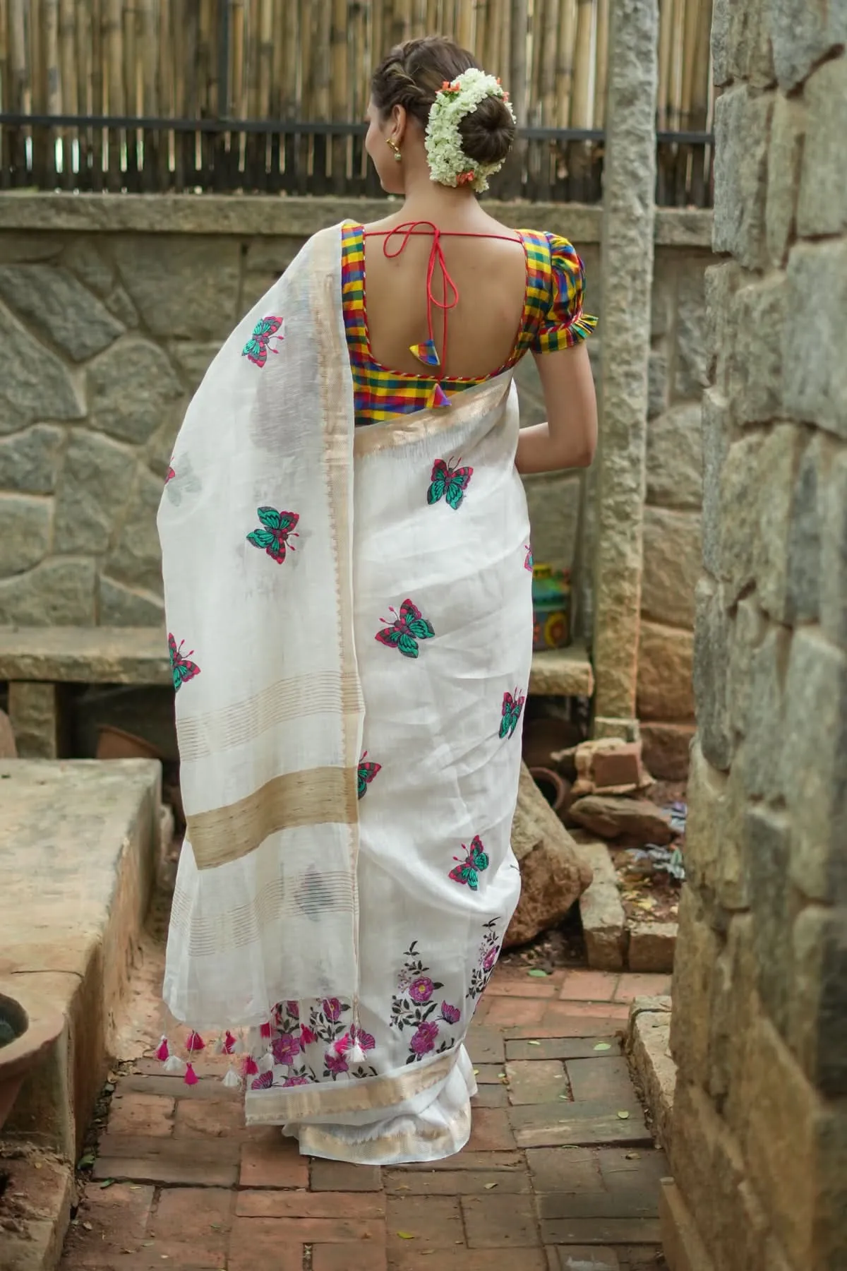 Blooms of Joy - Floral Embroidered Silk Linen Saree in Off White