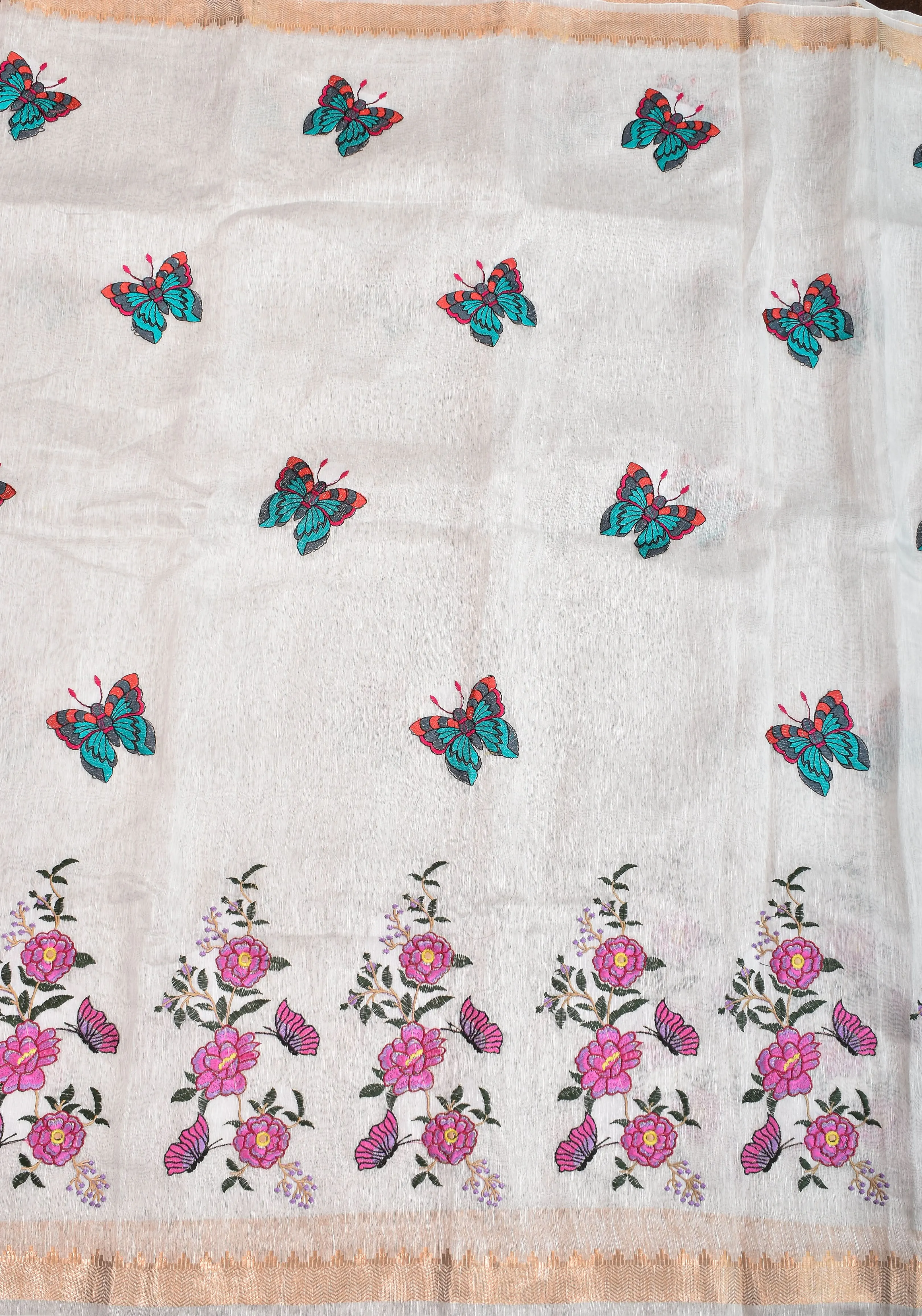 Blooms of Joy - Floral Embroidered Silk Linen Saree in Off White