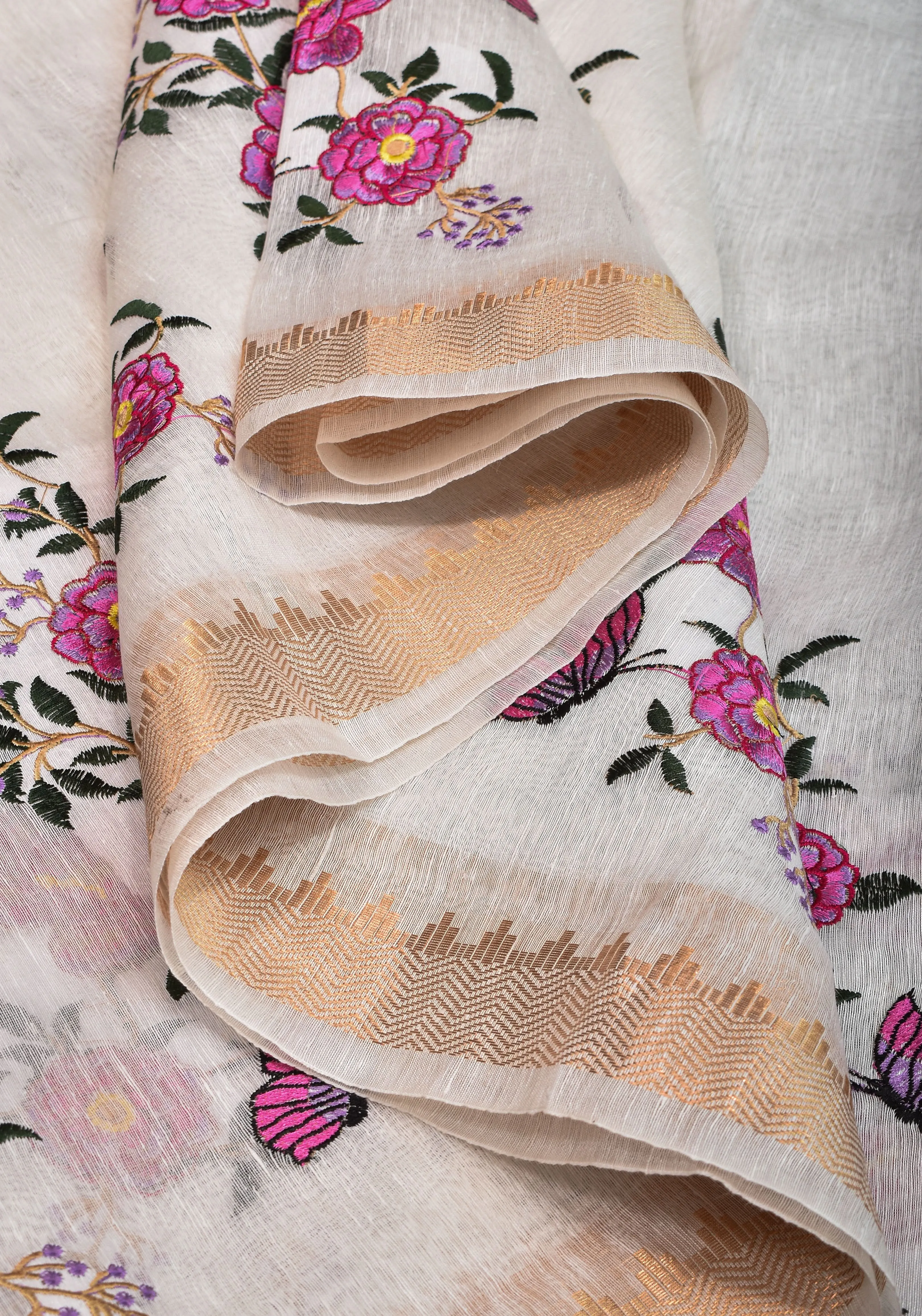 Blooms of Joy - Floral Embroidered Silk Linen Saree in Off White