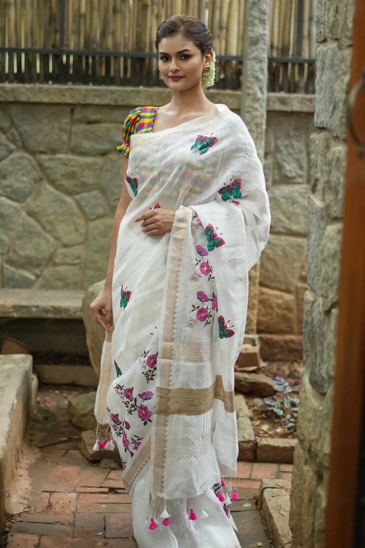 Blooms of Joy - Floral Embroidered Silk Linen Saree in Off White