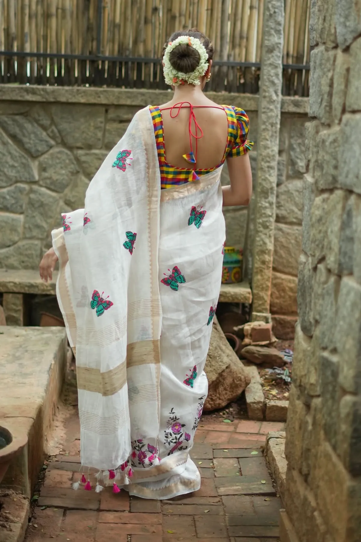 Blooms of Joy - Floral Embroidered Silk Linen Saree in Off White