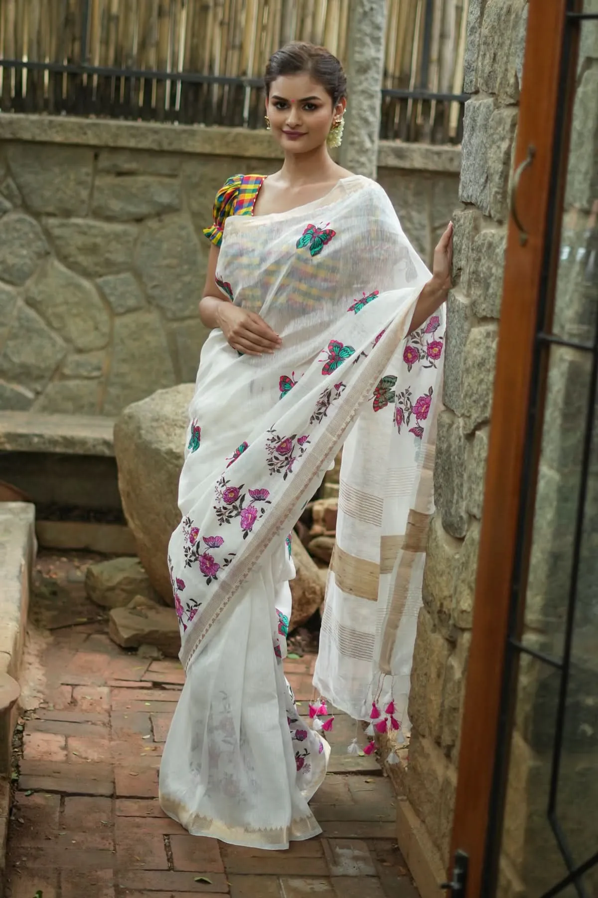 Blooms of Joy - Floral Embroidered Silk Linen Saree in Off White