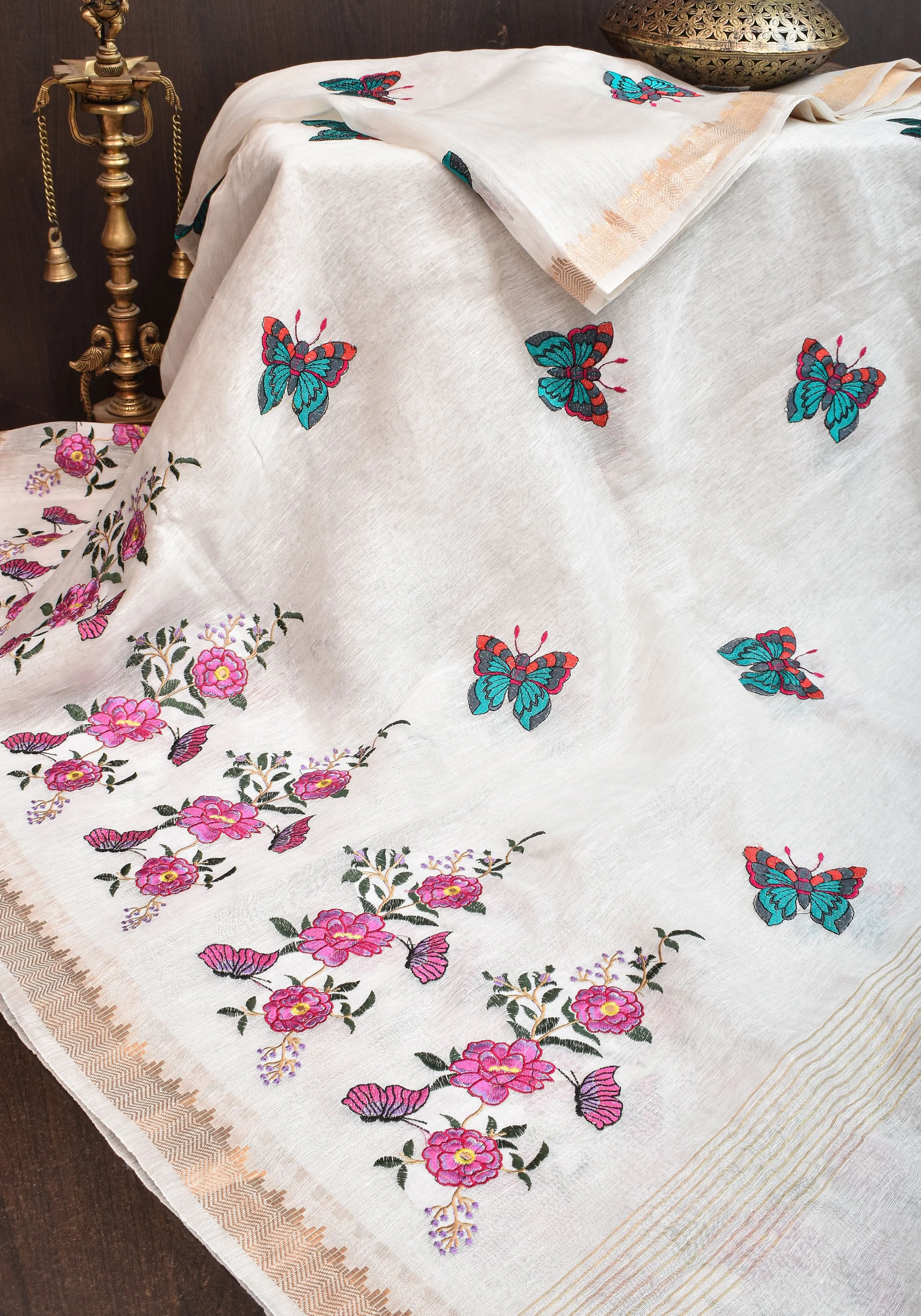 Blooms of Joy - Floral Embroidered Silk Linen Saree in Off White