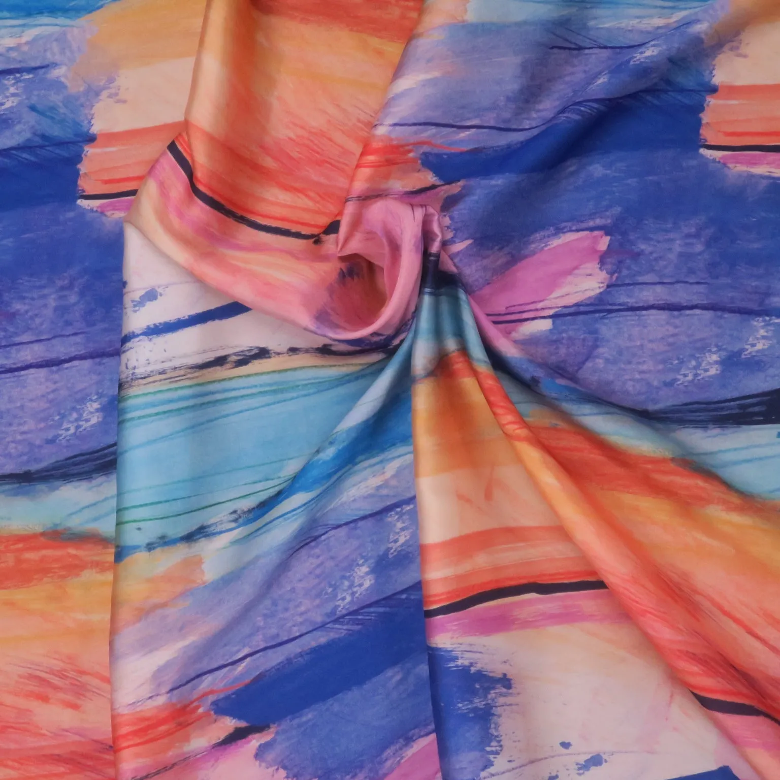 Blue Azure and Orange Pastel Colors Abstract Charmeuse Polyester Fabric