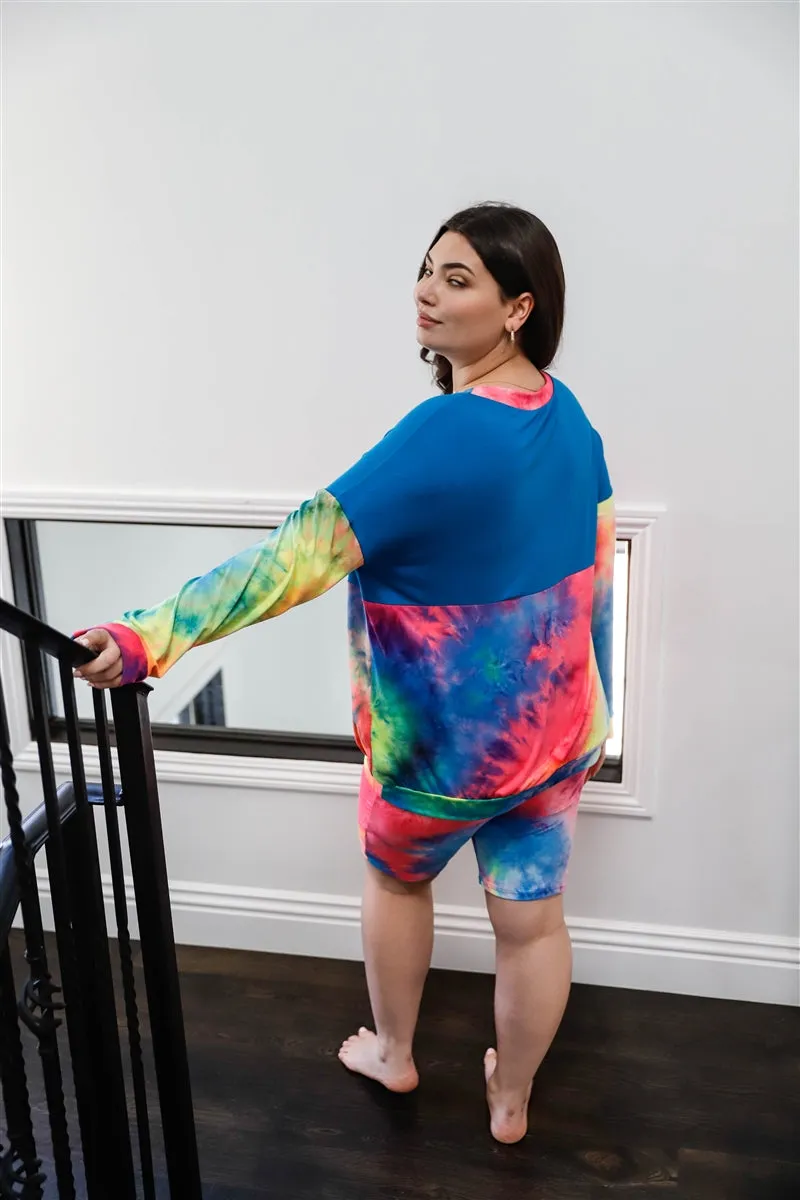 Blue Neon Rainbow Tie-dye Colorblock Top & Biker Shorts Set