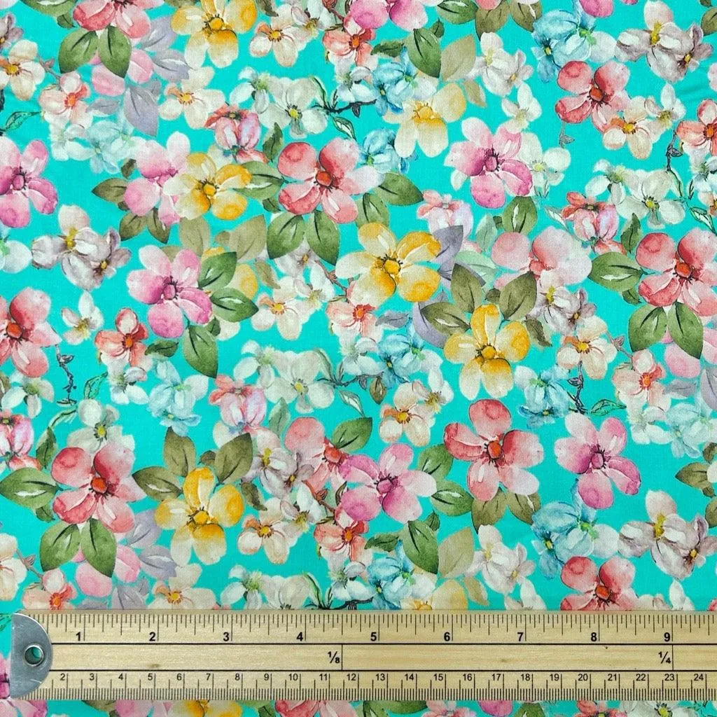 Bright Floral on Turquoise Cotton Sateen Fabric