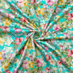 Bright Floral on Turquoise Cotton Sateen Fabric