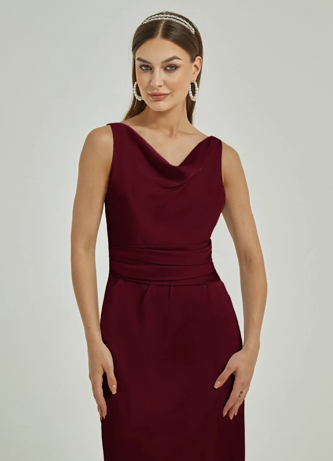 Burgundy Silk Satin Cowl Neck Sheath Backless Maxi Bridesmaid Dress