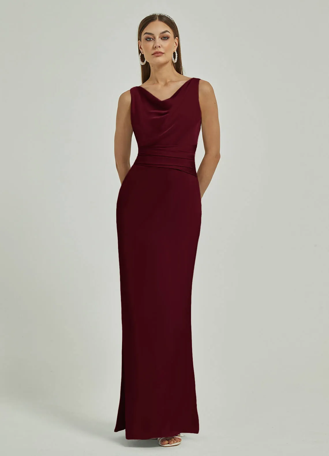 Burgundy Silk Satin Cowl Neck Sheath Backless Maxi Bridesmaid Dress