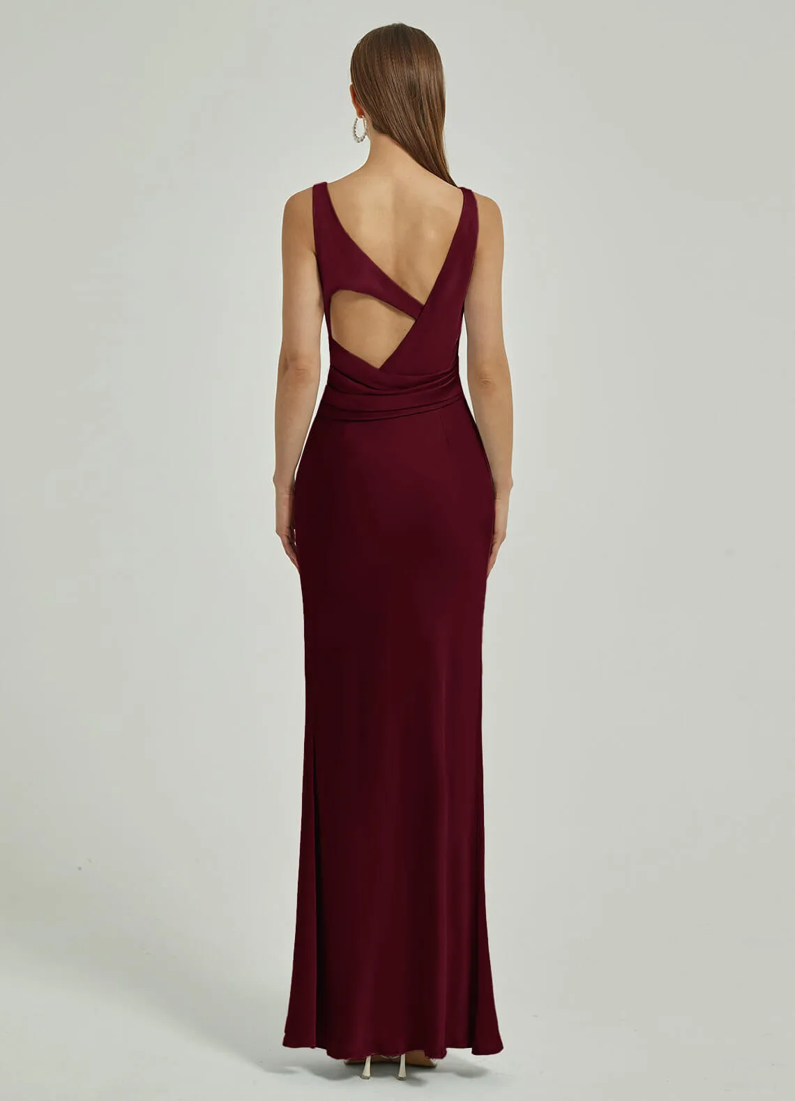 Burgundy Silk Satin Cowl Neck Sheath Backless Maxi Bridesmaid Dress