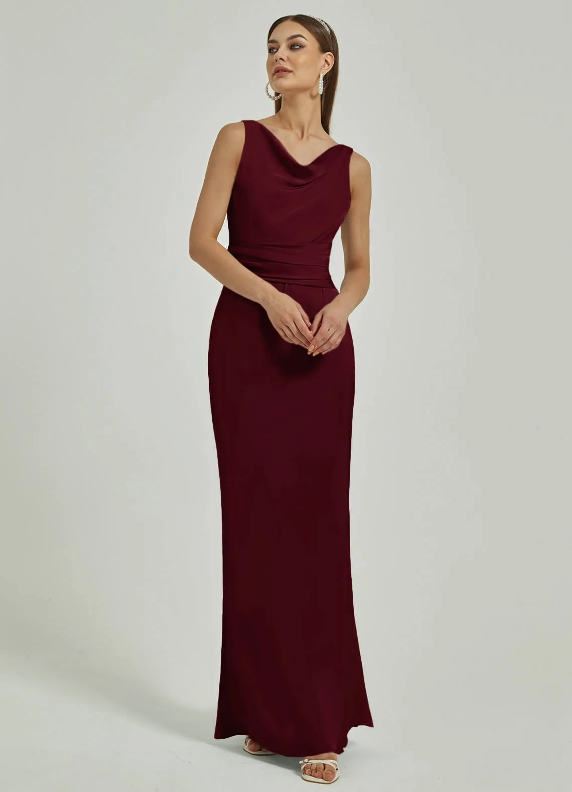 Burgundy Silk Satin Cowl Neck Sheath Backless Maxi Bridesmaid Dress