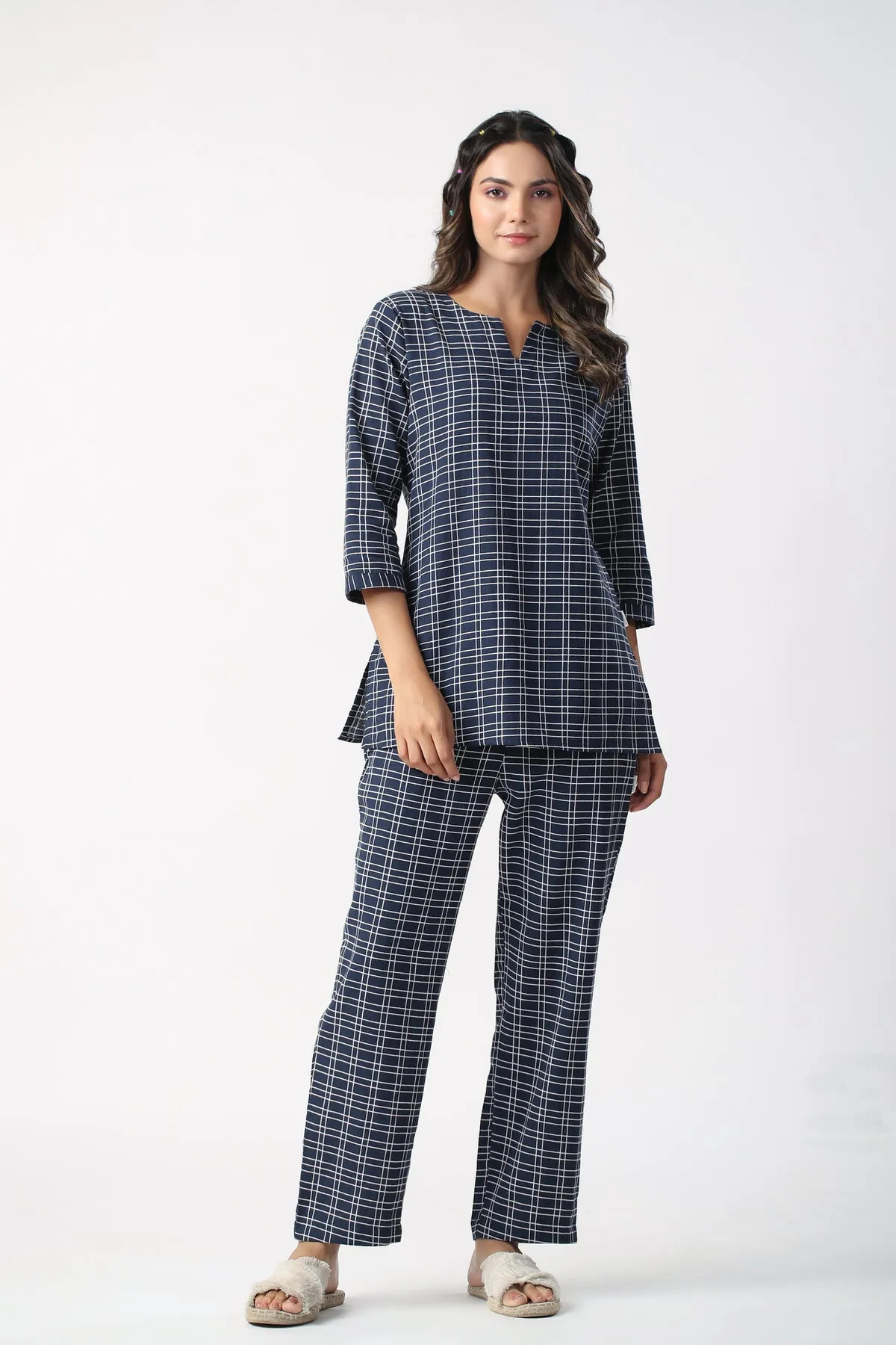 Checkered Blue Cotton Flex Loungewear Top Set