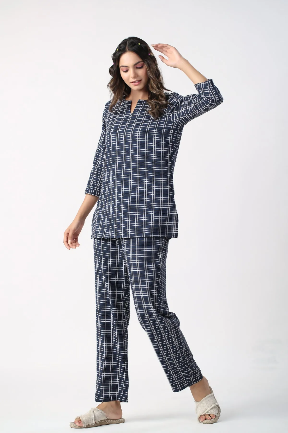 Checkered Blue Cotton Flex Loungewear Top Set