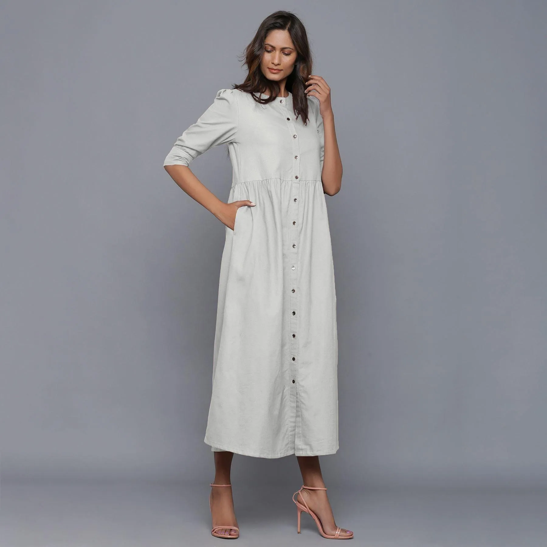 Cloudy Grey Warm Cotton Flannel Gathered Maxi Dress