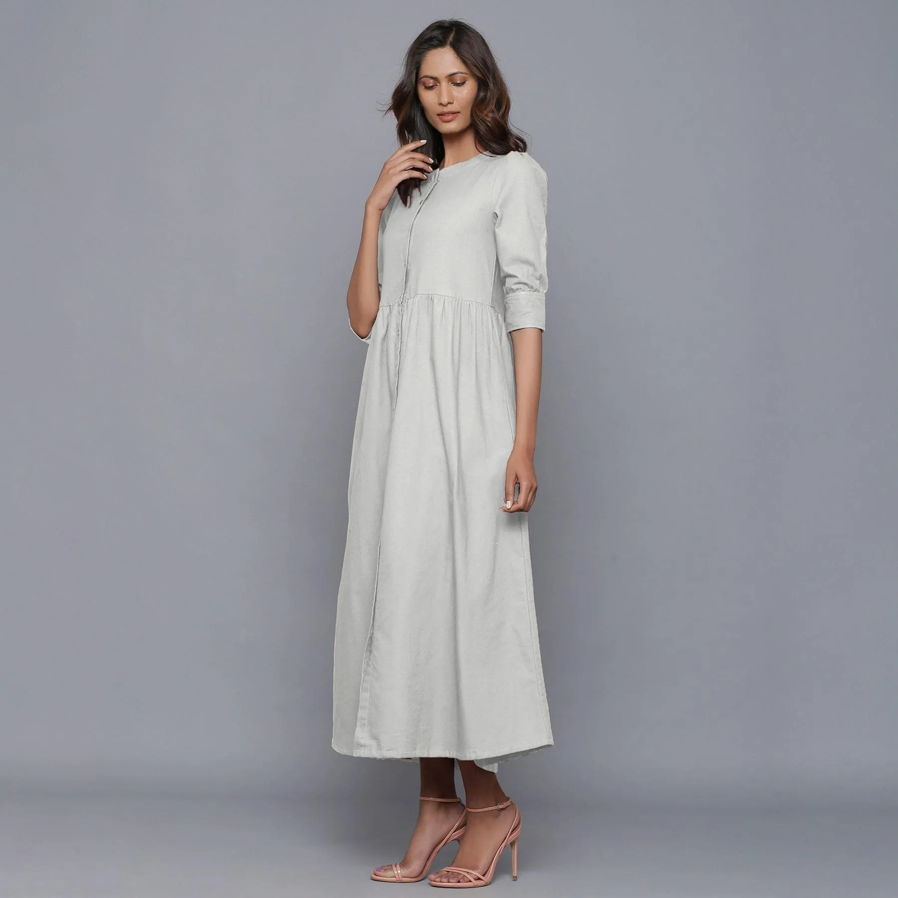 Cloudy Grey Warm Cotton Flannel Gathered Maxi Dress