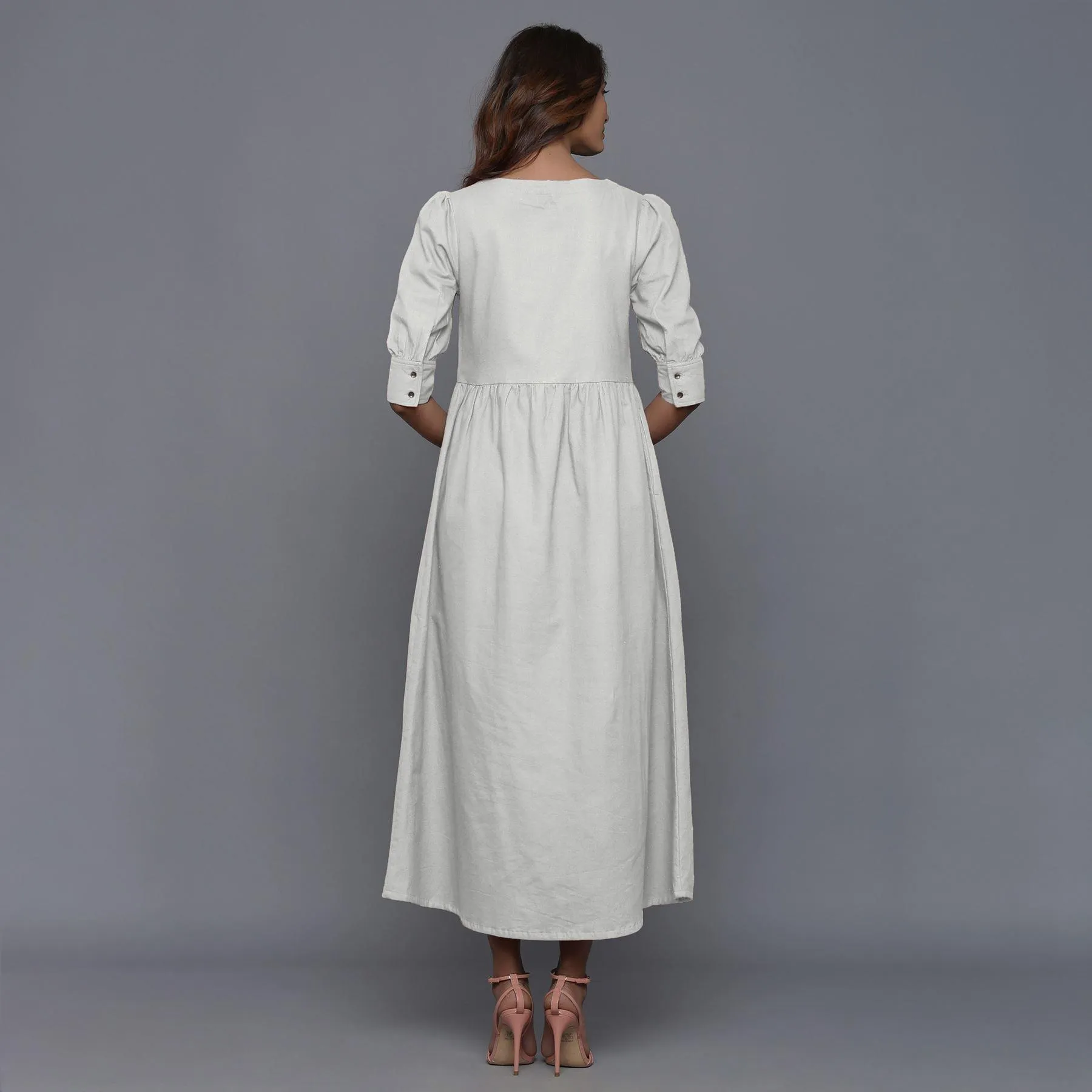 Cloudy Grey Warm Cotton Flannel Gathered Maxi Dress