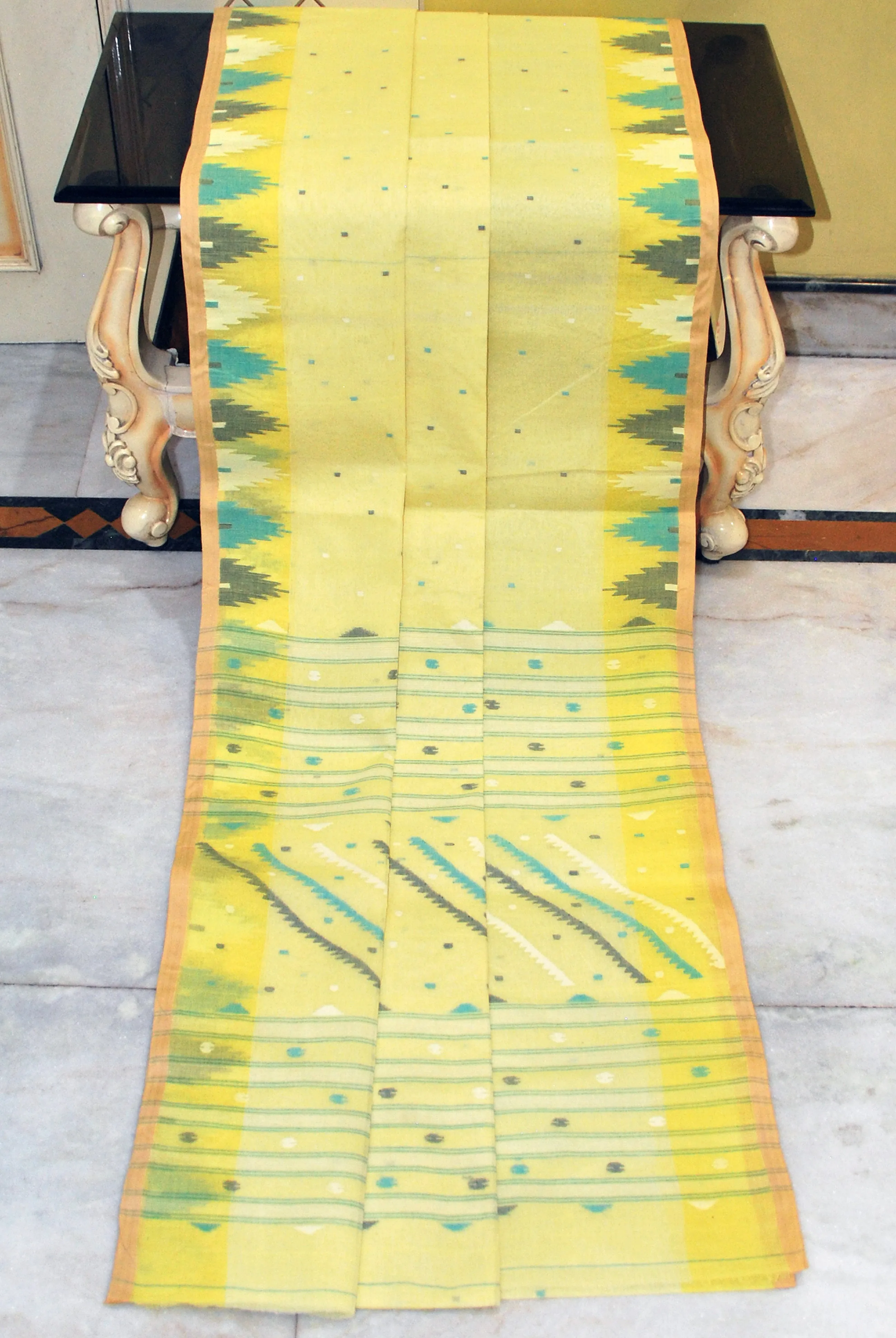 Crowned Temple Border Work Pure Cotton Bengal Jamdani Saree in Pastel Yellow, Off White, Rama green and Black