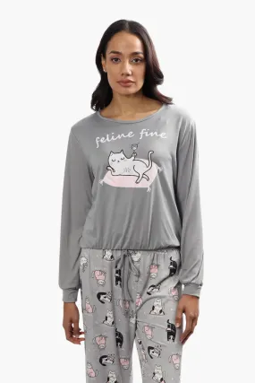 Cuddly Canuckies Feline Fine Print Pajama Top - Grey