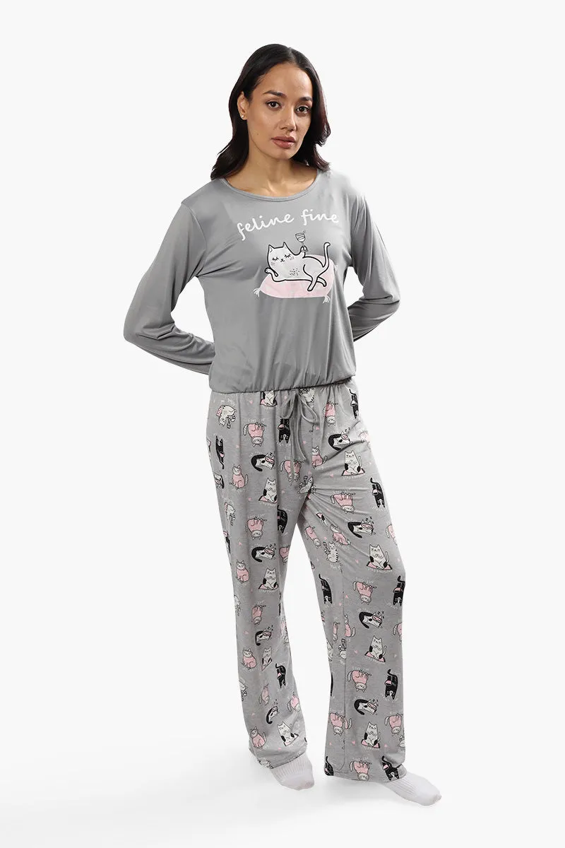 Cuddly Canuckies Feline Fine Print Pajama Top - Grey