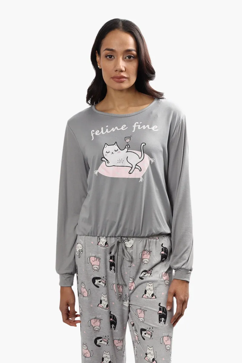 Cuddly Canuckies Feline Fine Print Pajama Top - Grey