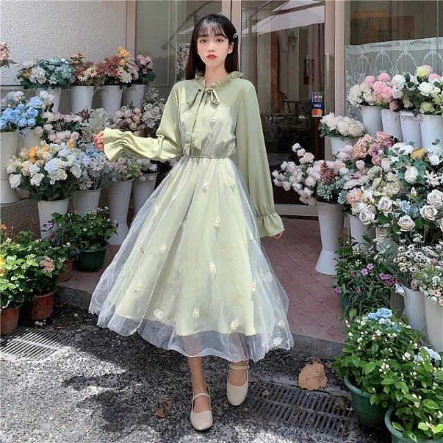 Dress Women Lovely Fresh Bow Knot Mesh Floral Embroidery High Waist Flare Sleeve Womens Elegant Chic Sweet Girls Maxi Dresses