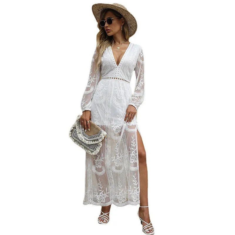 Elegant V-neck Lace Beach Maxi Dress