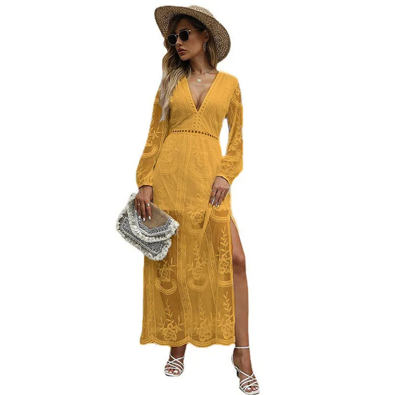 Elegant V-neck Lace Beach Maxi Dress