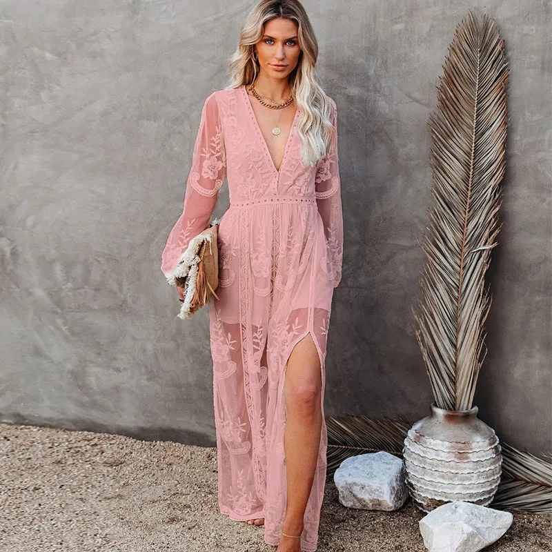 Elegant V-neck Lace Beach Maxi Dress