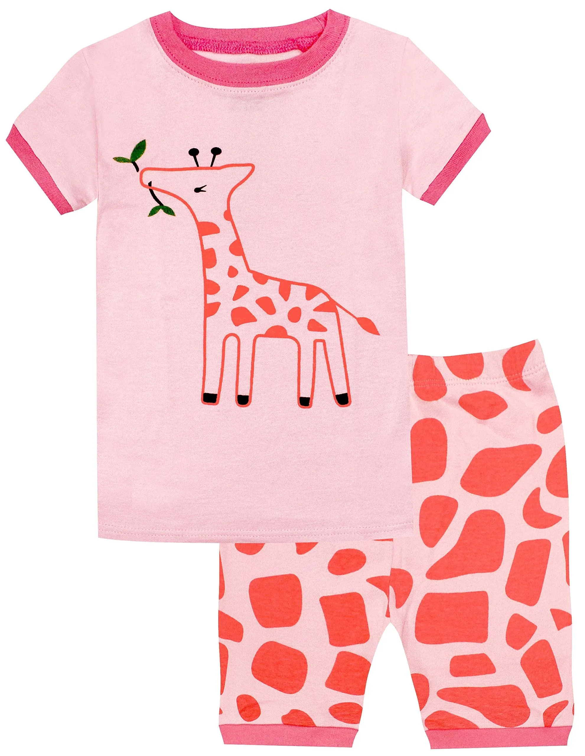 Elowel Girls Shorts Giraffe 2 Piece Pajamas Set 100% Cotton (Size Toddler-10Y)