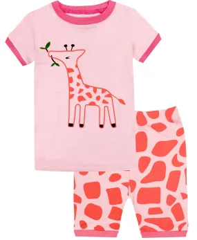 Elowel Girls Shorts Giraffe 2 Piece Pajamas Set 100% Cotton (Size Toddler-10Y)