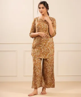 Floral Canopy on Mustard Cotton Palazzo Loungewear Set