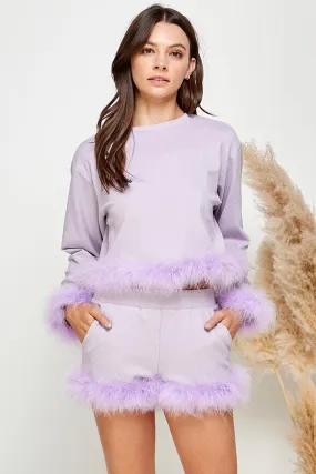 Lavender Women Faux Fur Long Crop Top Mini Shorts Set